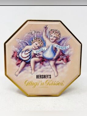 VINTAGE HERSHEY’S “HUGS N KISSES ANGELS PASTEL PINK COLLECTIBLE METAL TIN